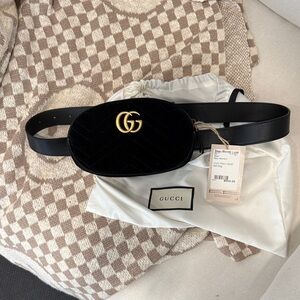 Gucci Marmont GG Black Velvet Belt Bag with Pink Silk